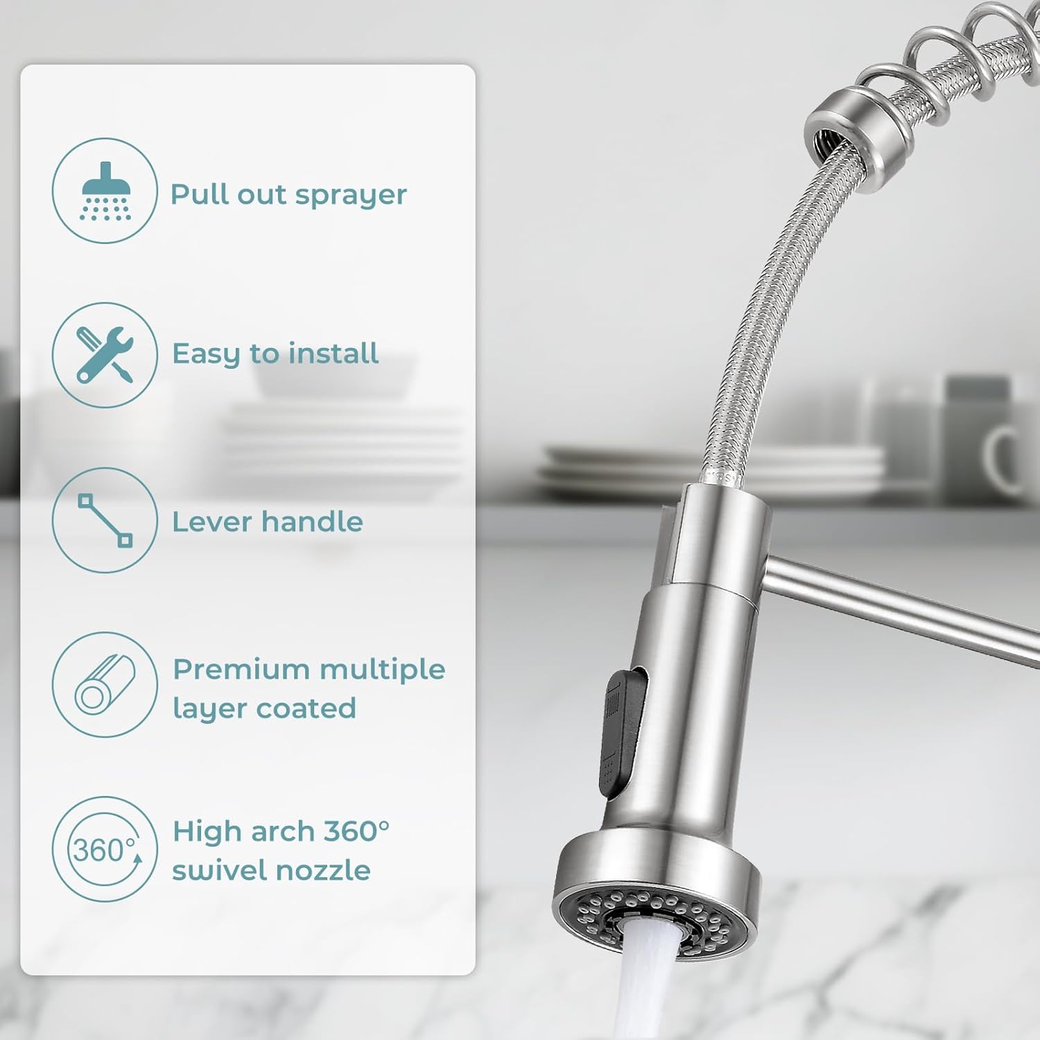 PSIL Kitchen Faucet with Pull Down Sprayer,Commercial Single Handle Stainless Steel Kitchen Faucets with Deck Plate (Brush Nickel)