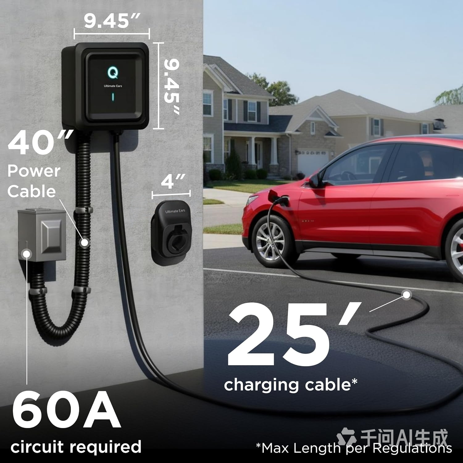 Ultimate Ears Level 2 EV Charger, 48 Amp 240V, J1772 Charger for Non-Tesla EVs, 25ft Cable, WiFi (2.4GHz) Smart App, Weatherproof Indoor/Outdoor (IP66, NEMA 4), UL & ETL Certified, Hardwired, 11.5kW