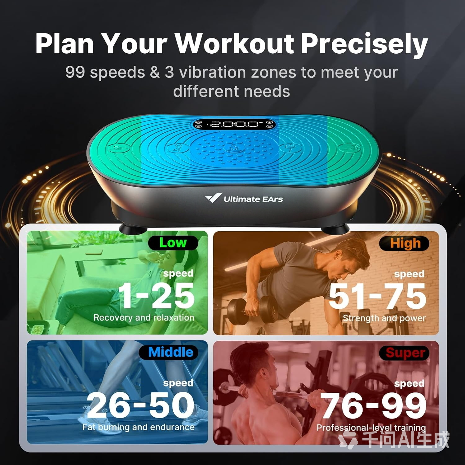 Ultimate Ears Vibration Plate Exercise Machine, Vibrating Platform for Lymphatic Drainage Weight Loss Muscle Activation, Full Body Home Exercise Equipment with LED Touch Screen Bluetooth Pull Cord