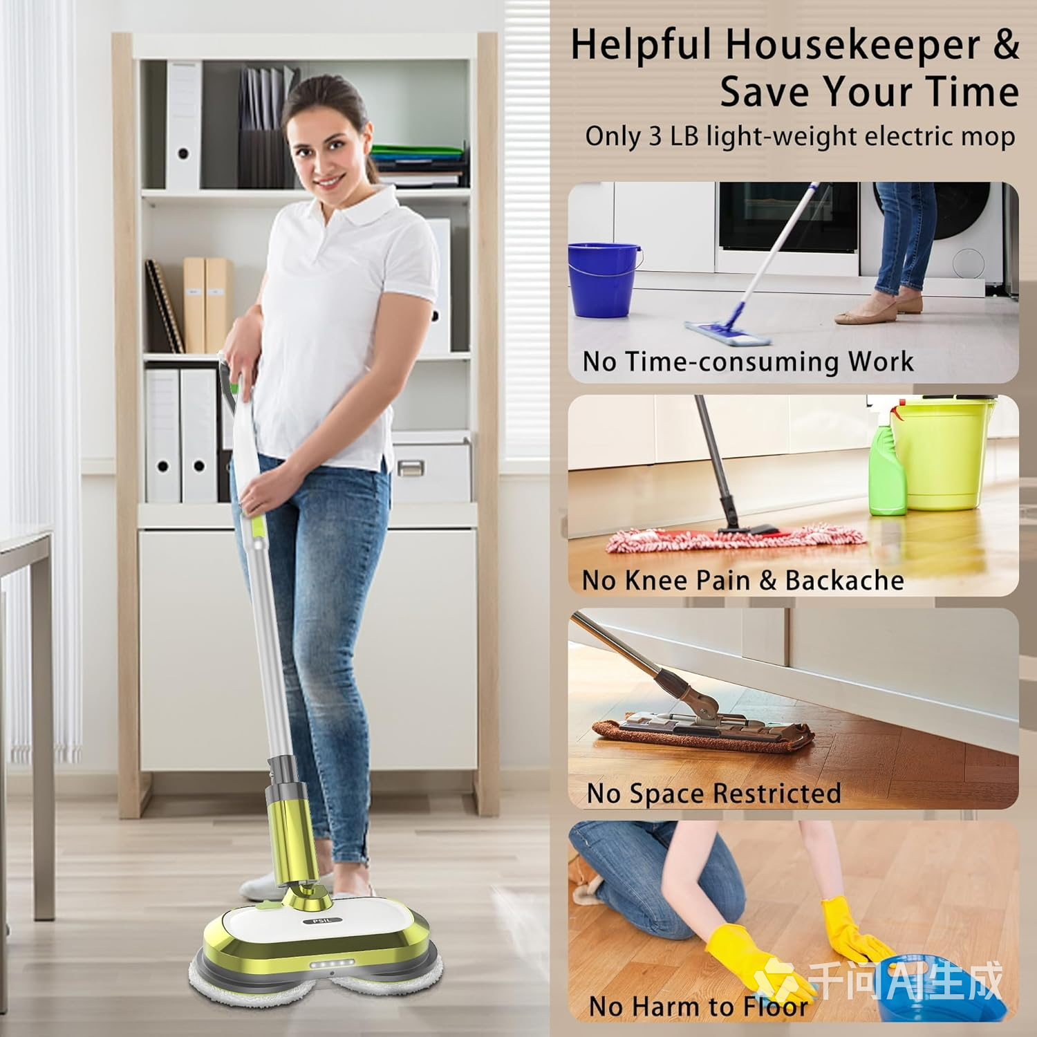 PSILCordless Electric Mop with Water Spray & Detachable Battery, Rechargeable Floor Spin Mop & Scrubber with LED Headlights, Washable Pads, Lightweight for Hardwood Tile Marble Floor Cleaning