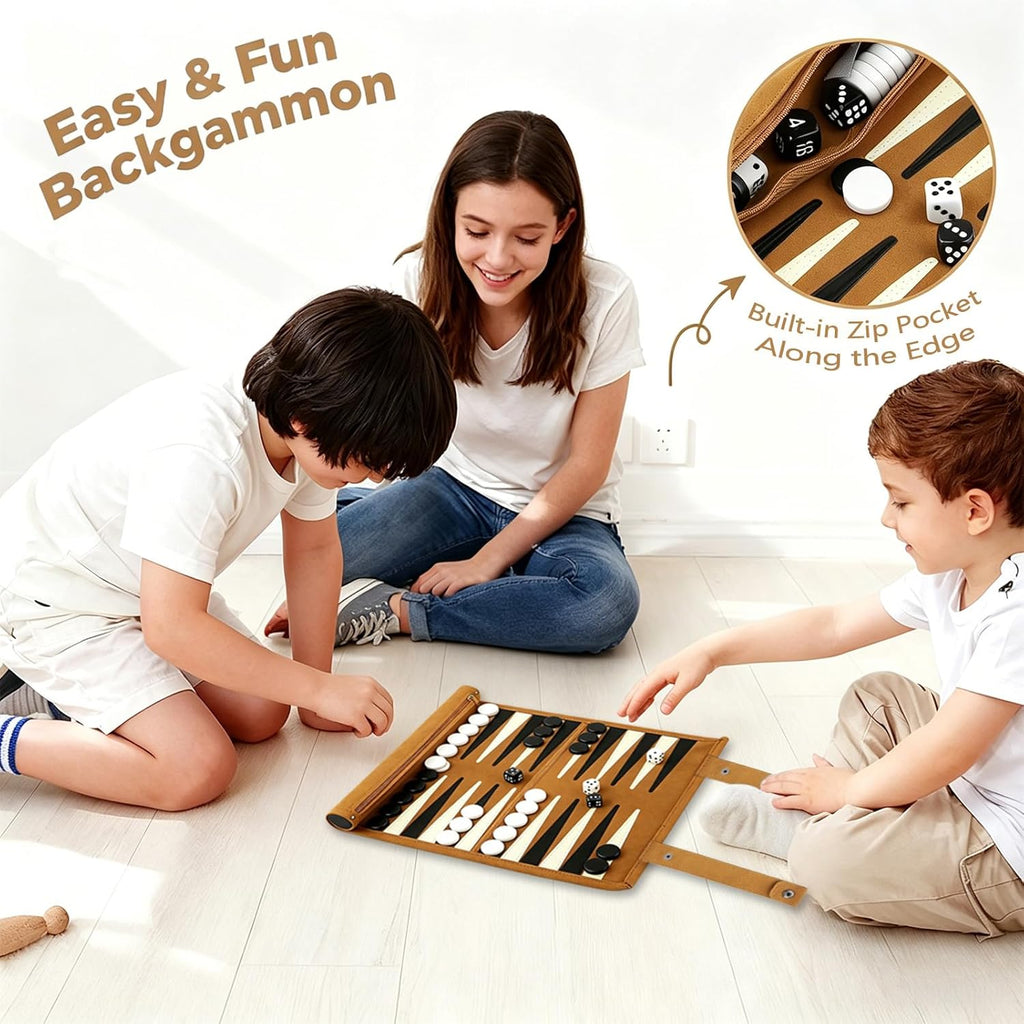 PSIL Travel Backgammon Set, Lightweight Roll-up Classic Board Game Travel Backgammon Sets for Adults, Portable Chess Set for 2 Players, Ideal for Travel, Camping, Backpacking, Trips, 12.5x10 Inch