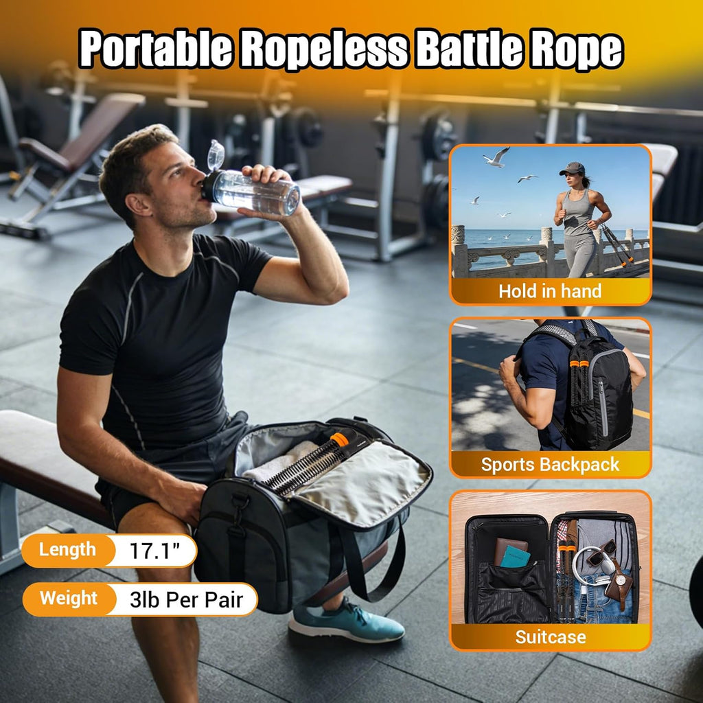 PSIL Portable Ropeless Battle Ropes, Adjustable Weights Cordless Battle Ropes for Home Gym with Storage Bag, Weighted Exercise Equipment for Low-Impact Workout, Strength & HIIT, for Men & Women (Black)