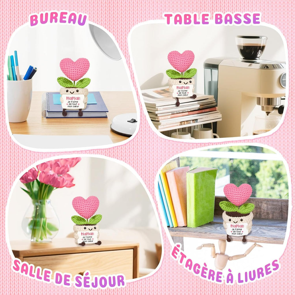 PSIL Cadeau Maman, Cadeau Anniversaire Maman - Décoration en Forme de Cœur Tricotée Rose, Cadeaux Fete des Meres, Cadeaux Mere Noel