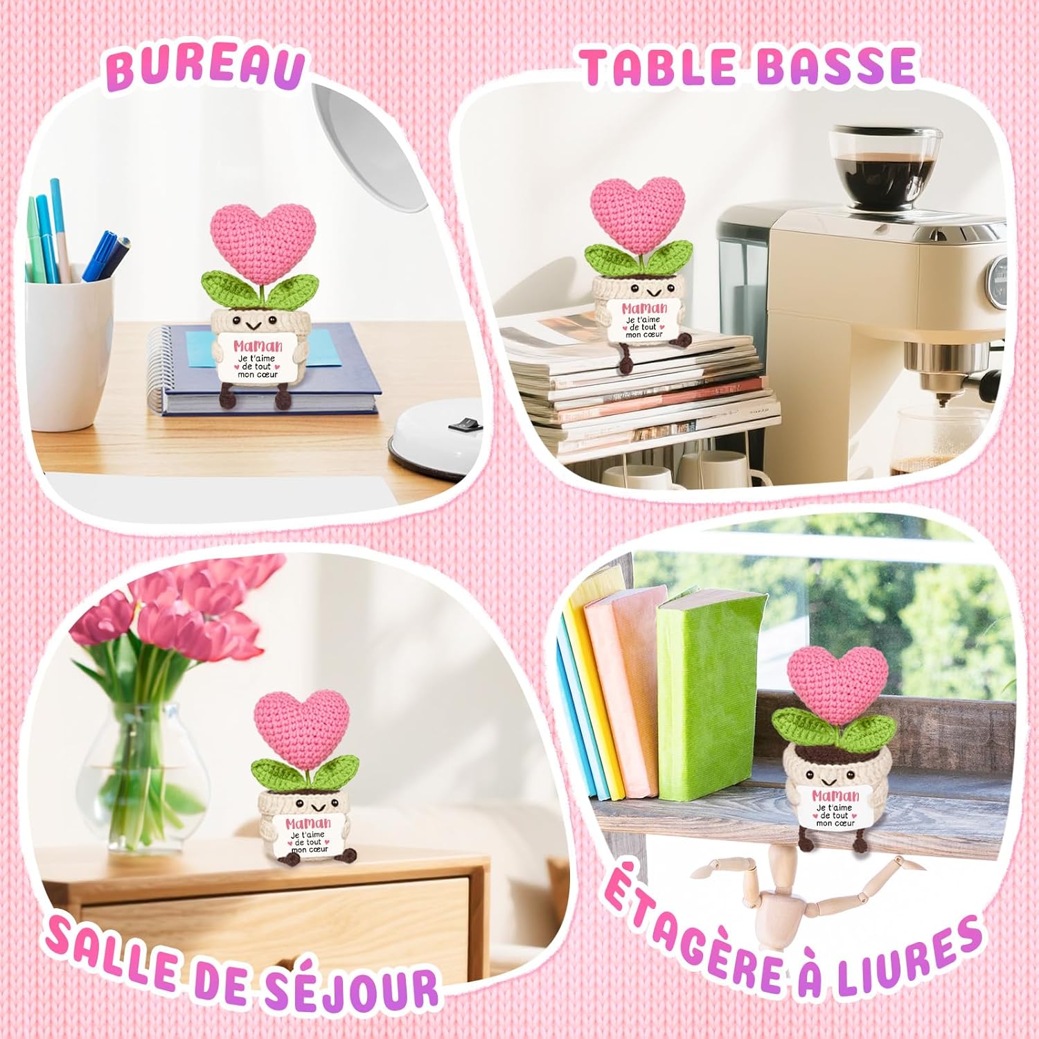PSIL Cadeau Maman, Cadeau Anniversaire Maman - Décoration en Forme de Cœur Tricotée Rose, Cadeaux Fete des Meres, Cadeaux Mere Noel