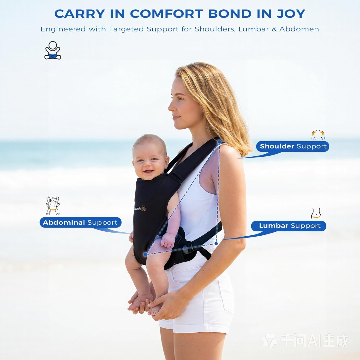 CharJenPro Baby Carrier for Infants & Toddlers – Ergonomic Lightweight Harness, Adjustable for Dad & Mom, Perfect for Pool Beach Hiking Travel, Quick-Dry & Waterproof (Black)
