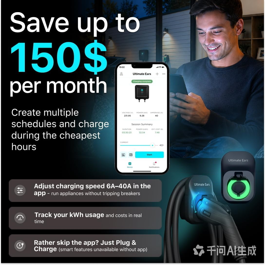 Ultimate Ears Level 2 EV Charger, 40 Amp 240V, J1772 for Non-Tesla EVs, 25ft Cable, WiFi (2.4GHz) Smart App, Weatherproof Indoor/Outdoor (IP66, NEMA 4), UL & ETL Certified, NEMA 14-50 Plug-in, 9.6kW