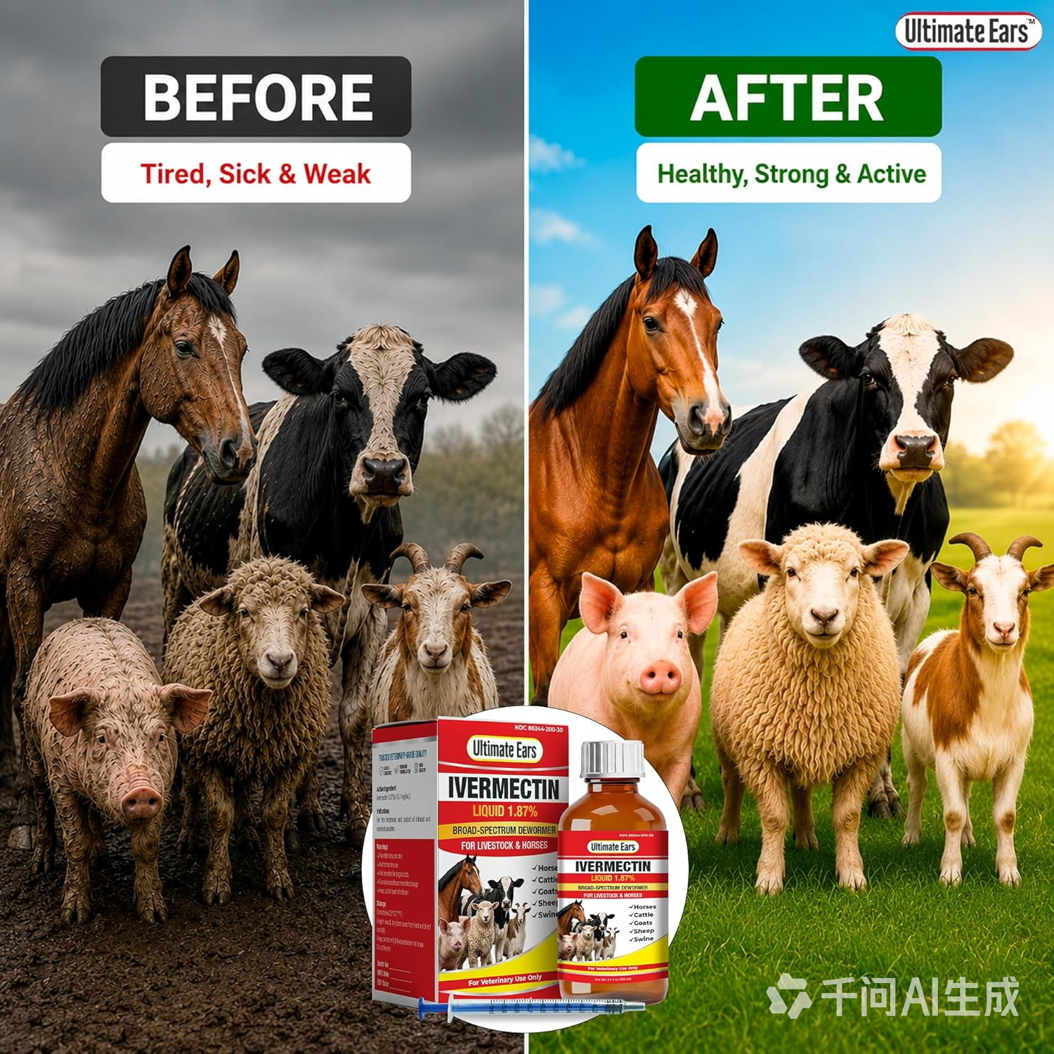 Ultimate Ears Dewormer for Horse, Dewormer for Goat and Cattle & More, Ivermectin Liquid for All Wormers, Tapeworms, Roundworms & Hookworms