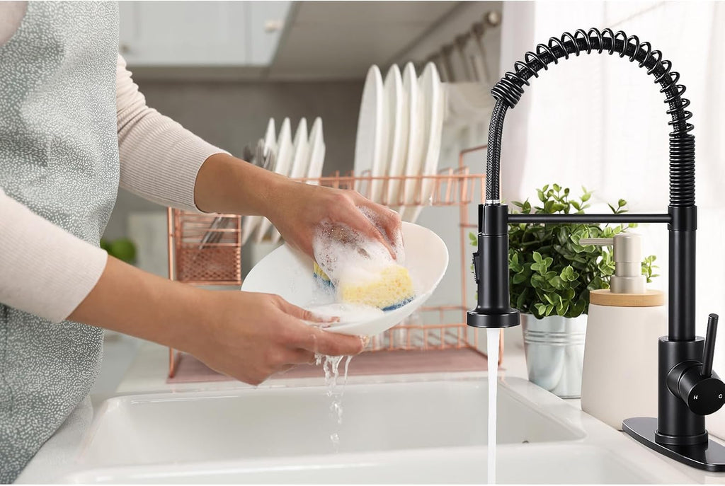 Kitchen Faucets with Pull Down Sprayer Single Handle 1 or 3 Holes Spring Kitchen Sink Faucet with Deck Plate for Farmhouse RV Vessel Basin (Matte Black)