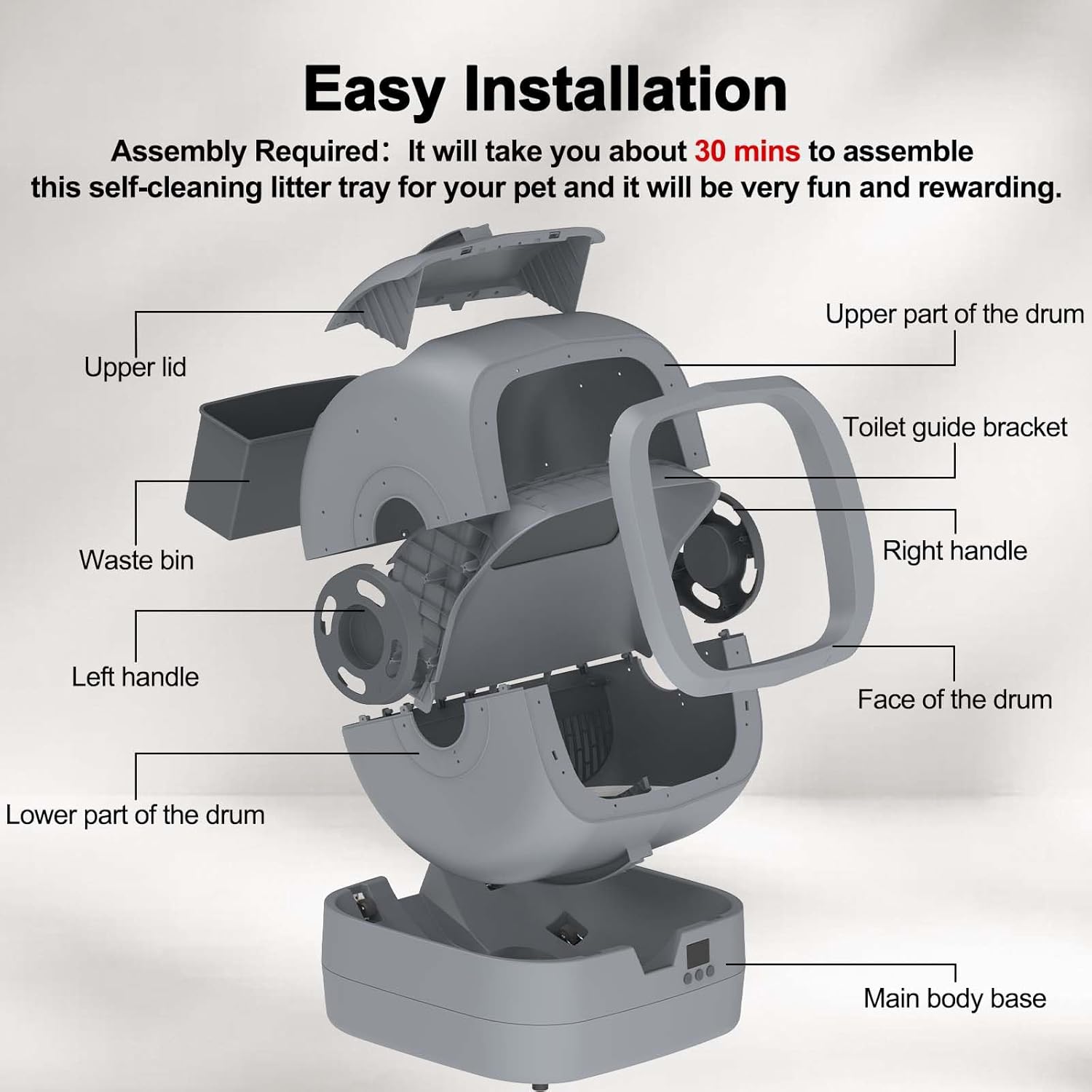 Ultimate Ears Automatic Cat Litter Box Self Cleaning - APP Control - Weight Monitoring - Ultra-Quiet, Medium Cats and Kittens Litter Box, Safe Anti-Pinch【Assembly Required】- Grey