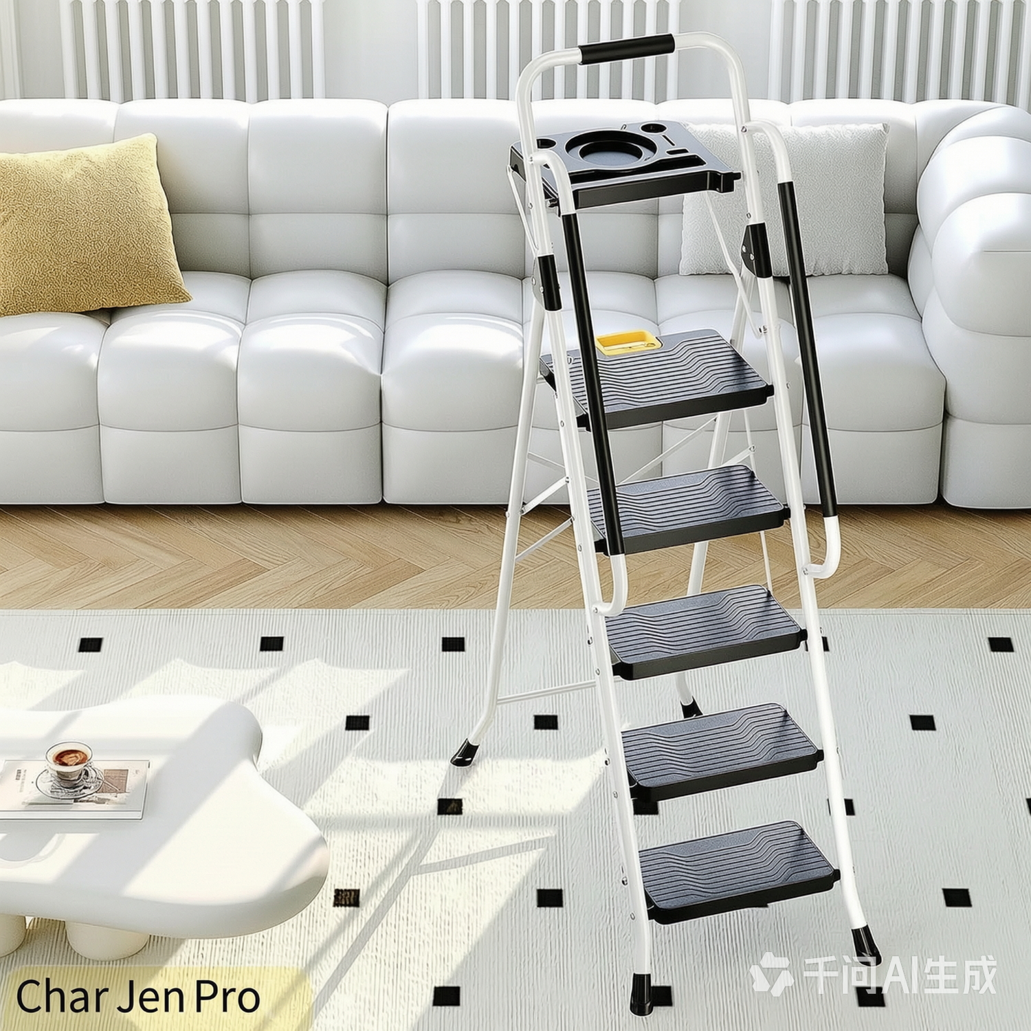 CharJenPro Folding 5-Step Ladder, 800 lbs Capacity Step Stool with Safety Lock, Tool Tray, Non-Skid Wide Steps, Handrail, Household Folding Ladder for Home, Garden, Painting, Outdoor, and Garage, White