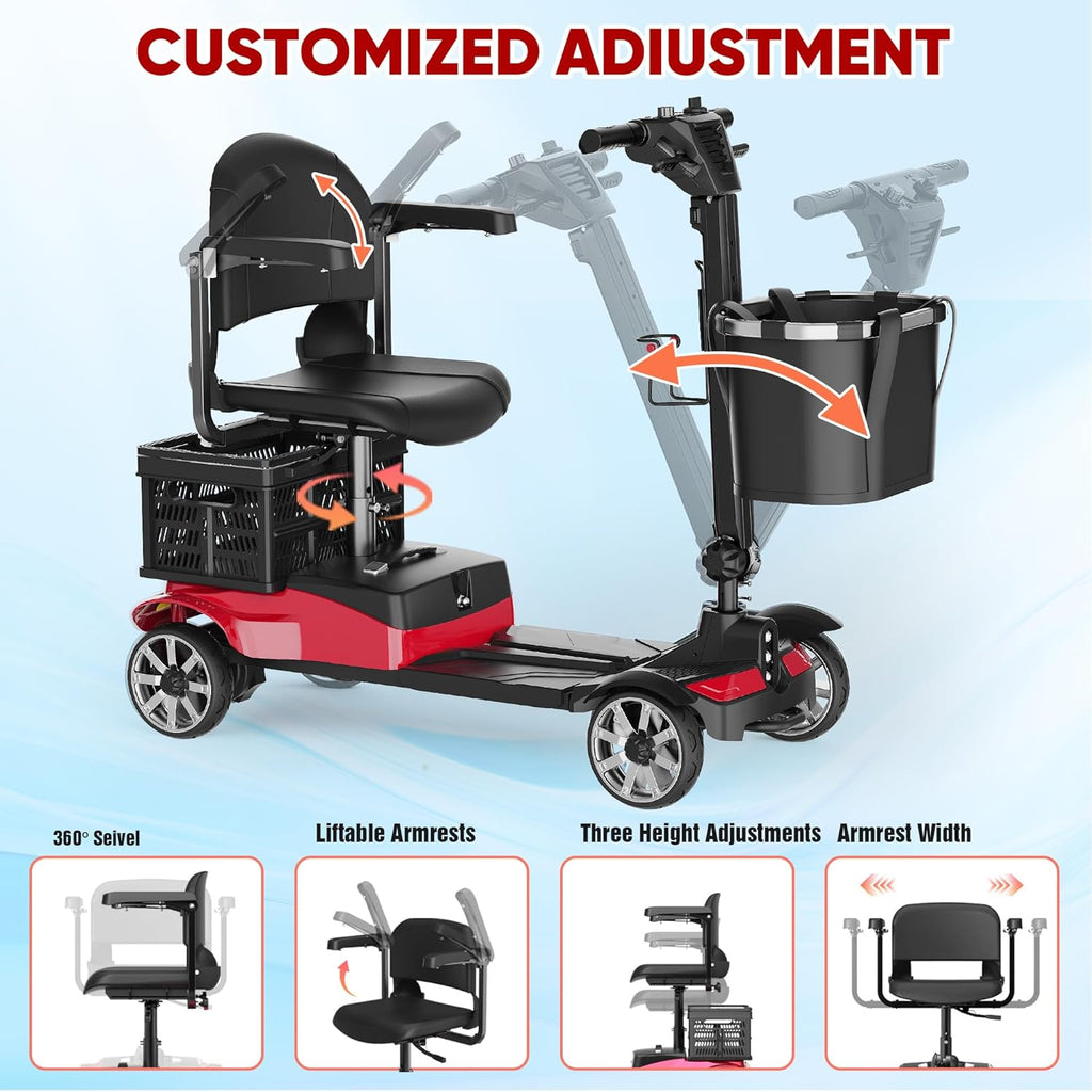 Mobility Scooter for Adults, 4 Wheel Motorized Mobility Scooter w/Storage Basket, 350LBS Capacity & Detachable Battery, 15Miles Electric Powered Mobility for Outdoor (Red, 15 MI-5)