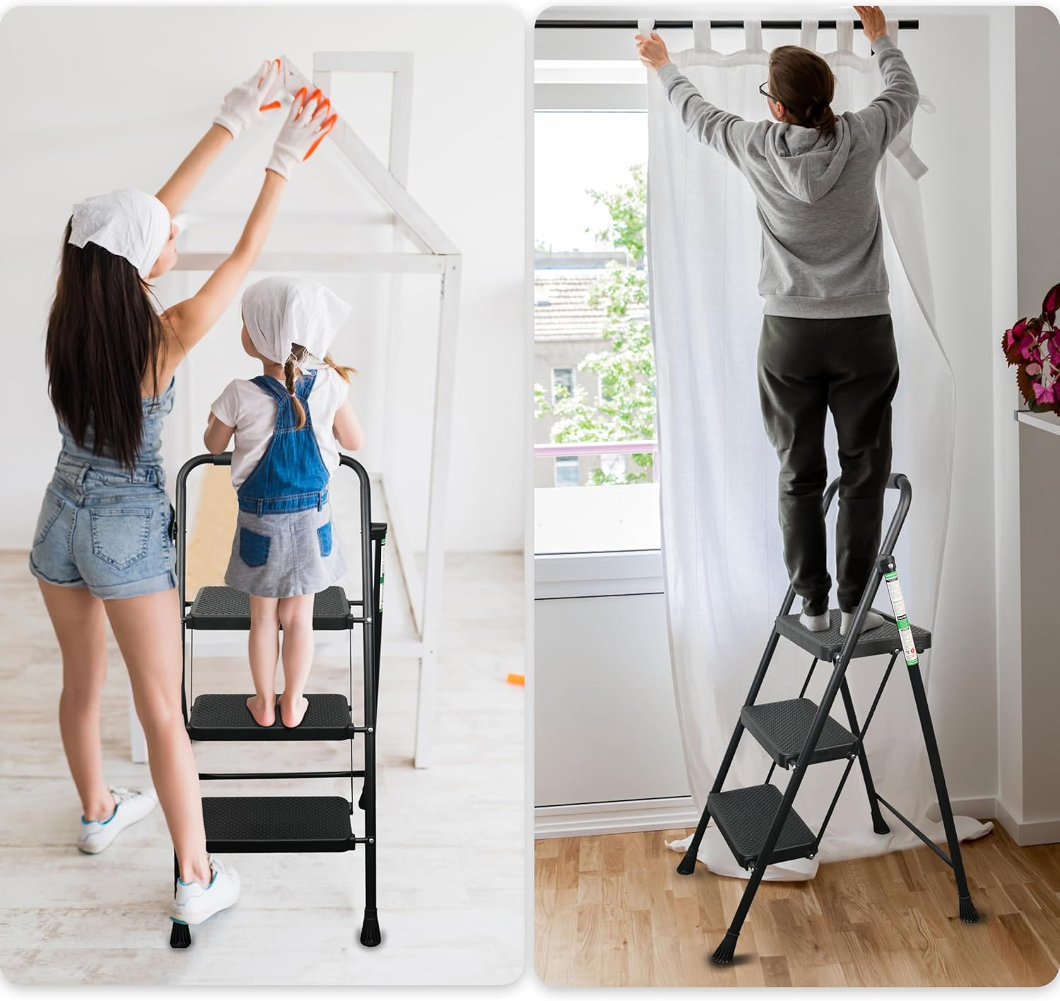 CharJenPro Step Ladder, Folding Step Stool with Wide Anti-Slip Pedals, Sturdy Steel Ladder with Handrail, Space-Saving, Portable for Home & Adults, 3 Step Ladder