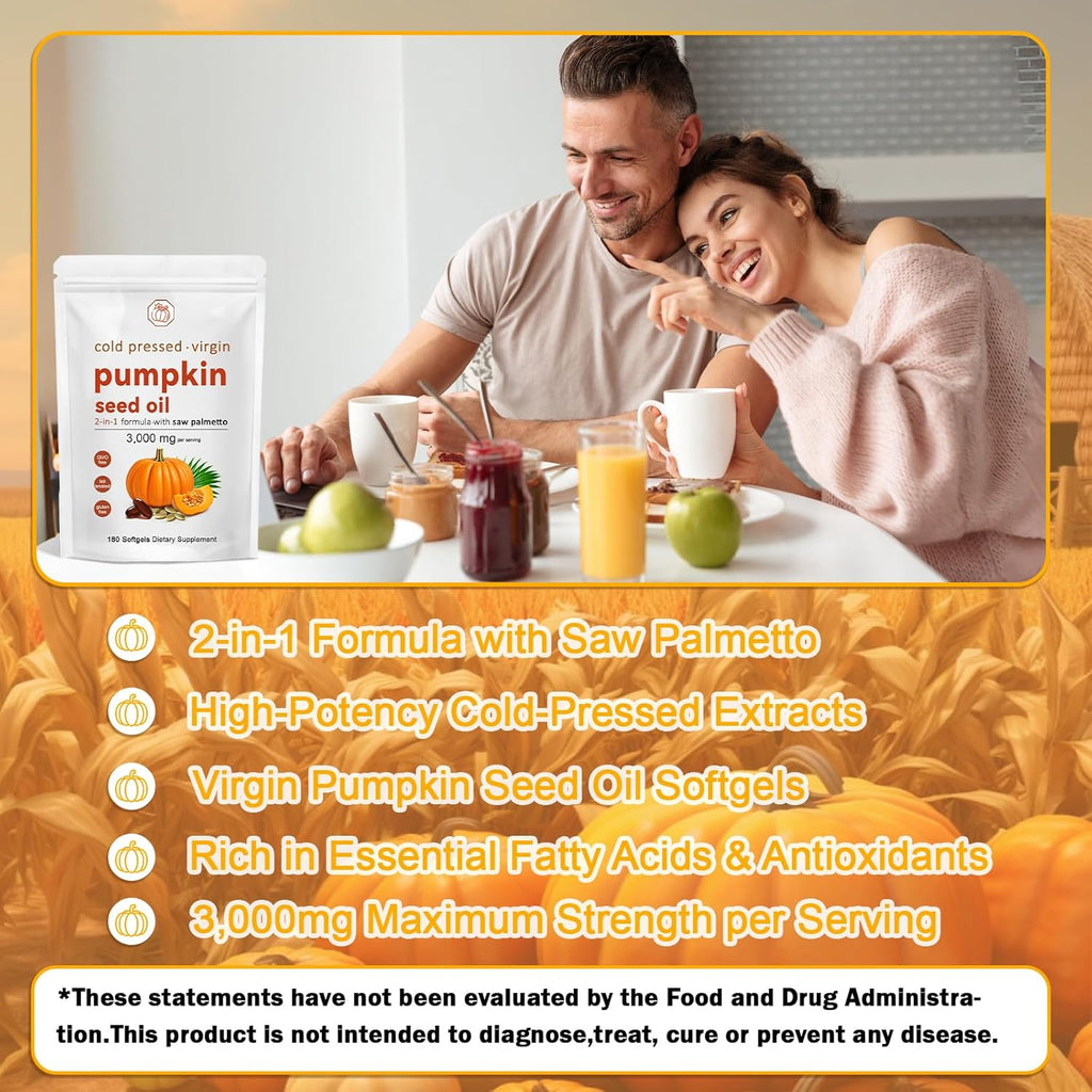 Pumpkin Seed Oil, Pumpkin Seed Oil Capsules with Saw Palmetto | 3000mg Cold Pressed | for Hair Growth - Non-GMO - 180 Softgels