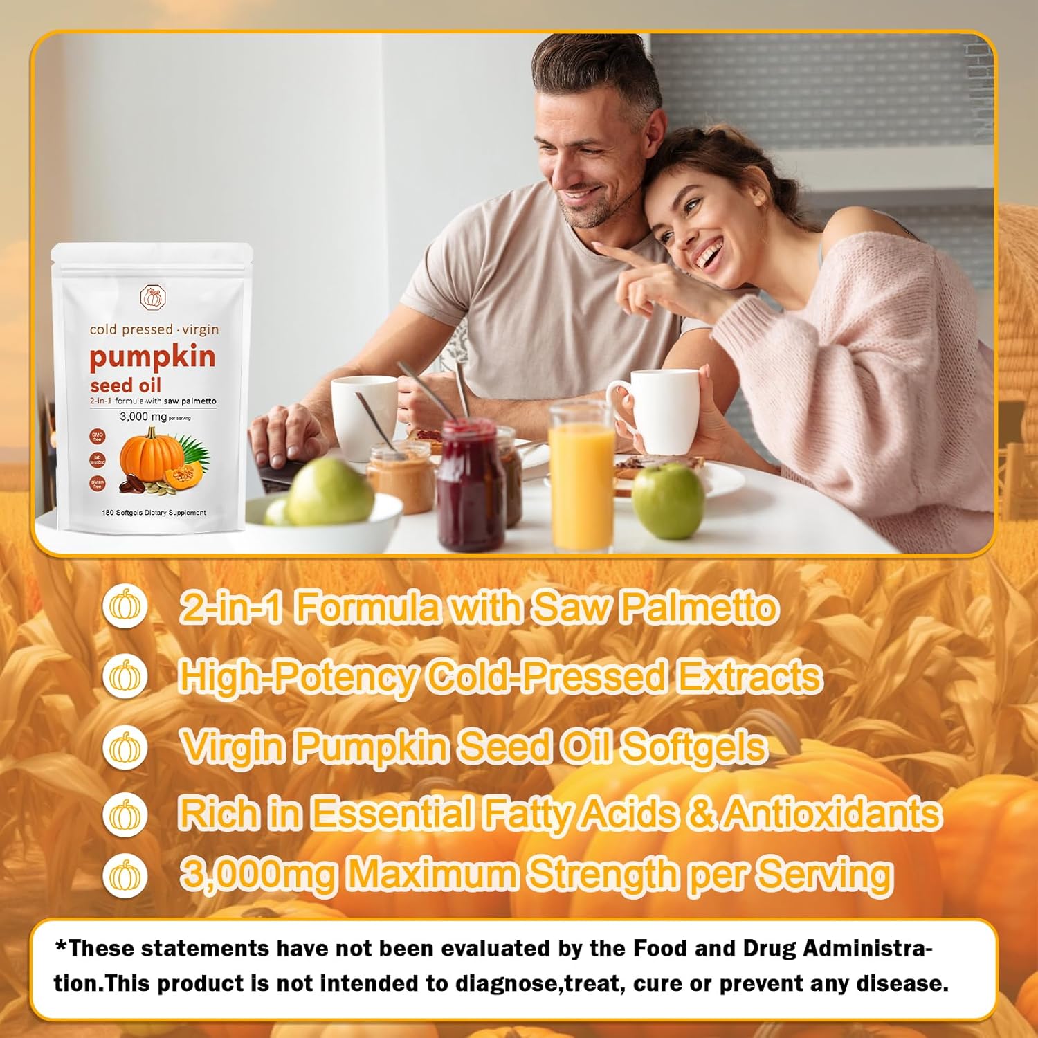 Pumpkin Seed Oil, Pumpkin Seed Oil Capsules with Saw Palmetto | 3000mg Cold Pressed | for Hair Growth - Non-GMO - 180 Softgels