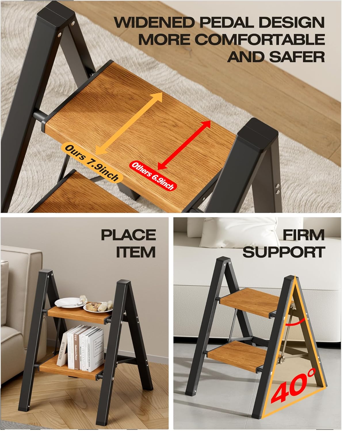 CharJenPro 2-Step Aluminum Ladder,Lightweight Folding Step Stool with Extra-Wide Anti-Slip Steps,330 lbs Capacity,Compact Space-Saving Design for Home,Kitchen and