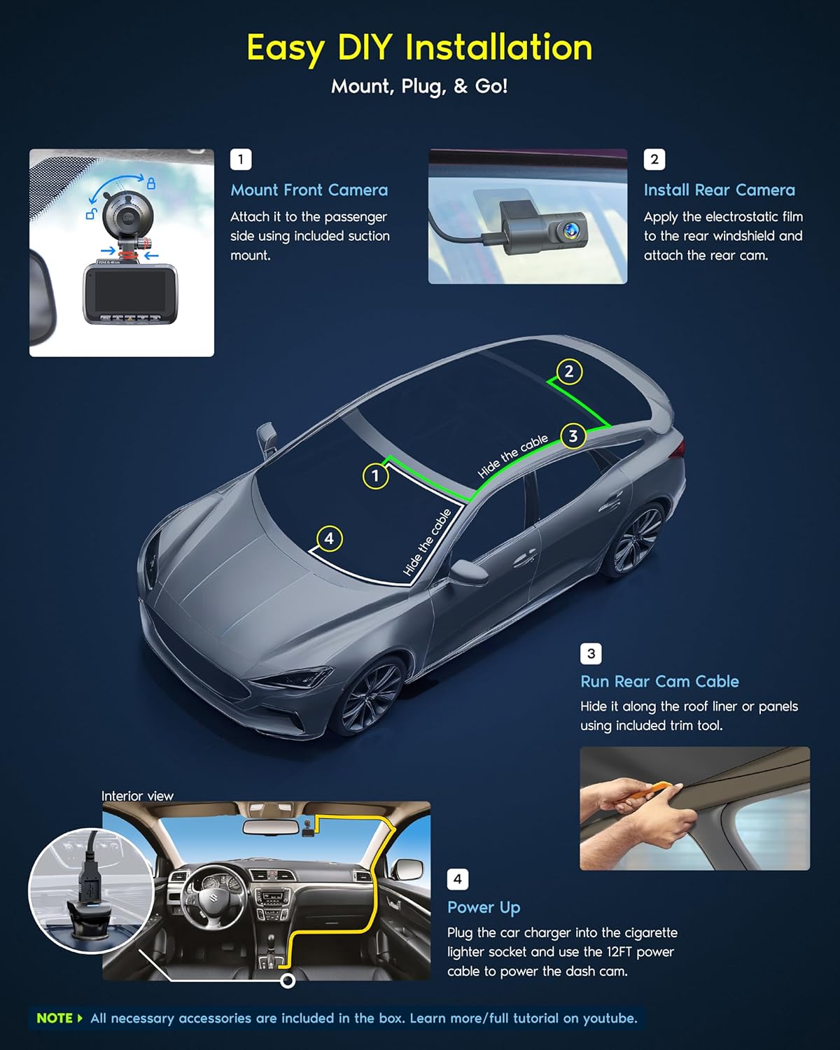 Ultimate Ears R2-4K DUAL Dash Cam Front and Rear, STARVIS 2 Sensor, FREE 128GB Card Included, 5G WiFi - up to 20MB/s Fastest Download Speed with App, 4K 2160P/FHD Dash Camera for Cars, 3" IPS, 24H Parking Mode