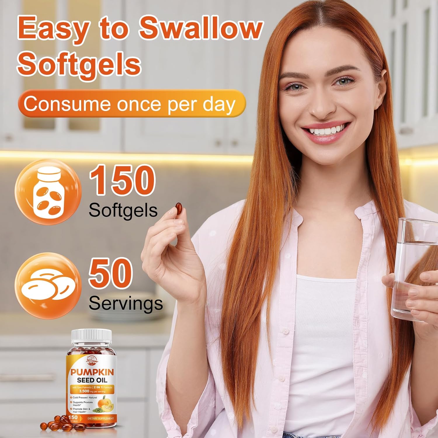 Ultimate Ears Pumpkin Seed Oil with Saw Palmetto, 3500mg Max Strength per Serving, 150 Softgels, Cold-Pressed with Essential Fatty Acids & Phytosterols, Supports Hair, Bladder Prostate Health & Immune