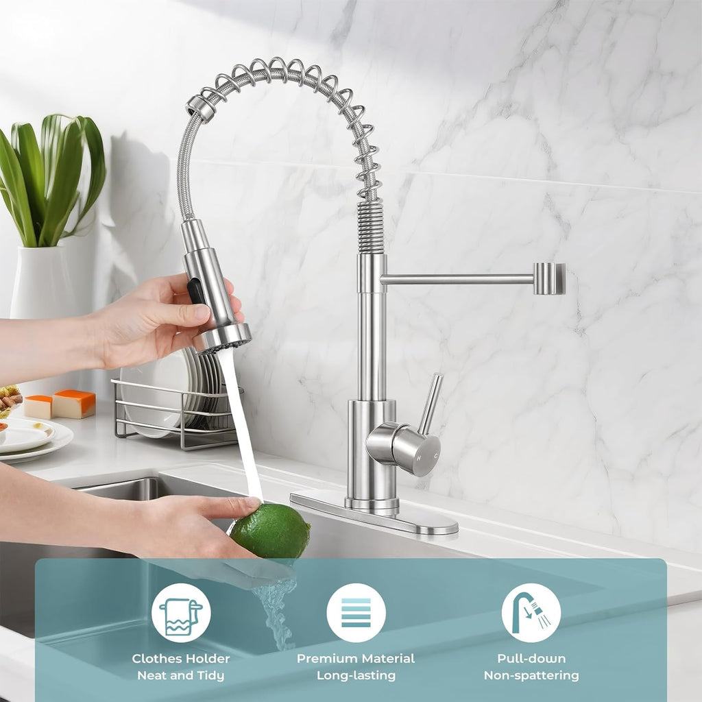 PSIL Kitchen Faucet with Pull Down Sprayer,Commercial Single Handle Stainless Steel Kitchen Faucets with Deck Plate (Brush Nickel)