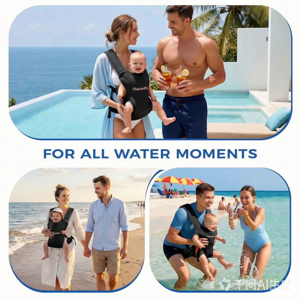 CharJenPro Baby Carrier for Infants & Toddlers – Ergonomic Lightweight Harness, Adjustable for Dad & Mom, Perfect for Pool Beach Hiking Travel, Quick-Dry & Waterproof (Black)
