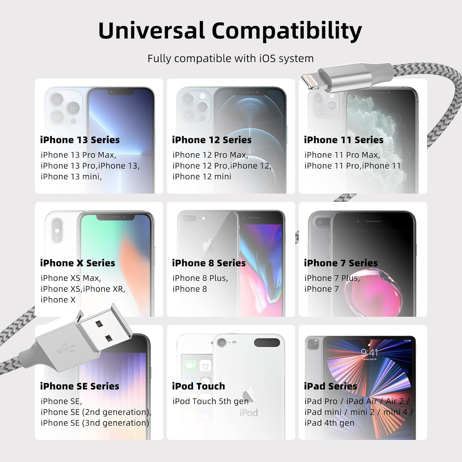 PSIL iPhone Charger 3 Pack 10 ft Apple MFi Certified Lightning Nylon Braided Cable Fast Charging Cord Compatible with iPhone 13 12 11 Pro Max XR XS X 8 7 6 Plus SE iPad and More
