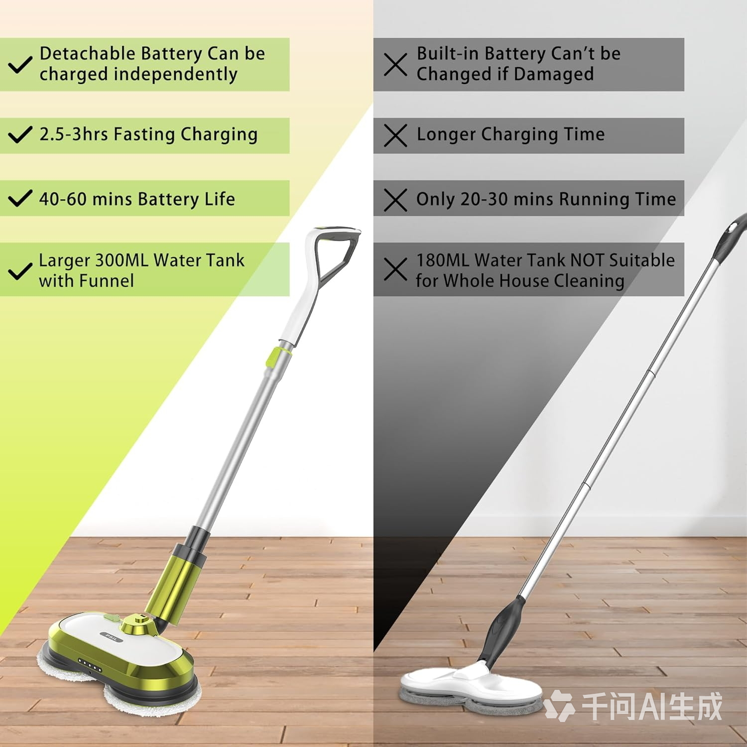 PSILCordless Electric Mop with Water Spray & Detachable Battery, Rechargeable Floor Spin Mop & Scrubber with LED Headlights, Washable Pads, Lightweight for Hardwood Tile Marble Floor Cleaning
