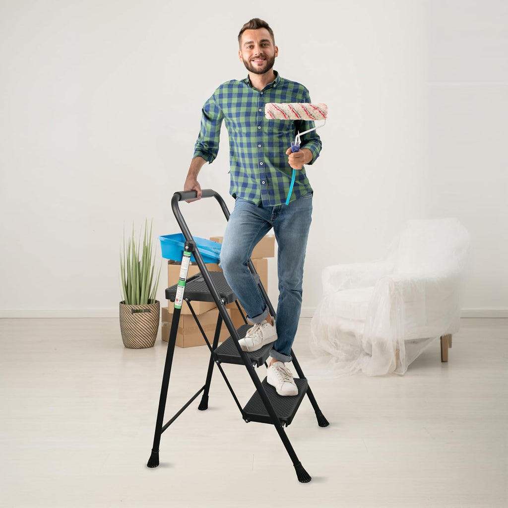 CharJenPro Step Ladder, Folding Step Stool with Wide Anti-Slip Pedals, Sturdy Steel Ladder with Handrail, Space-Saving, Portable for Home & Adults, 3 Step Ladder