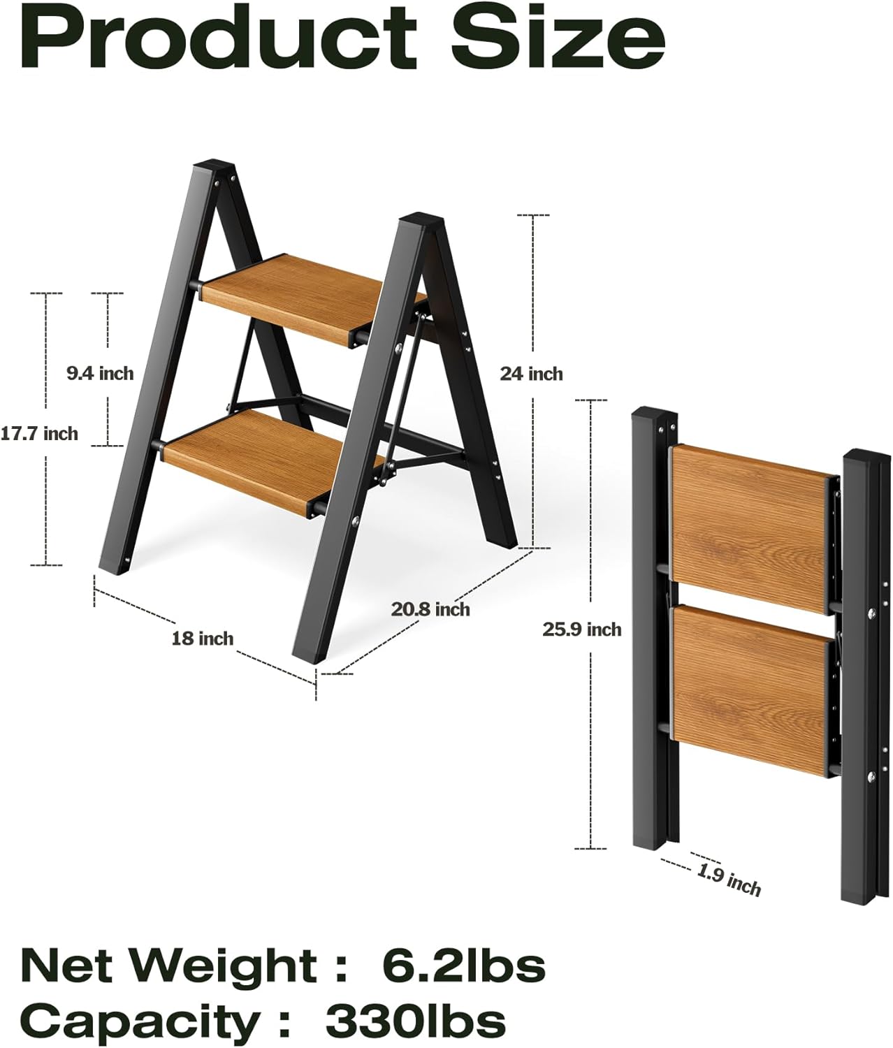 CharJenPro 2-Step Aluminum Ladder,Lightweight Folding Step Stool with Extra-Wide Anti-Slip Steps,330 lbs Capacity,Compact Space-Saving Design for Home,Kitchen and