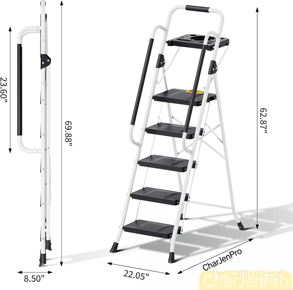 CharJenPro Folding 5-Step Ladder, 800 lbs Capacity Step Stool with Safety Lock, Tool Tray, Non-Skid Wide Steps, Handrail, Household Folding Ladder for Home, Garden, Painting, Outdoor, and Garage, White
