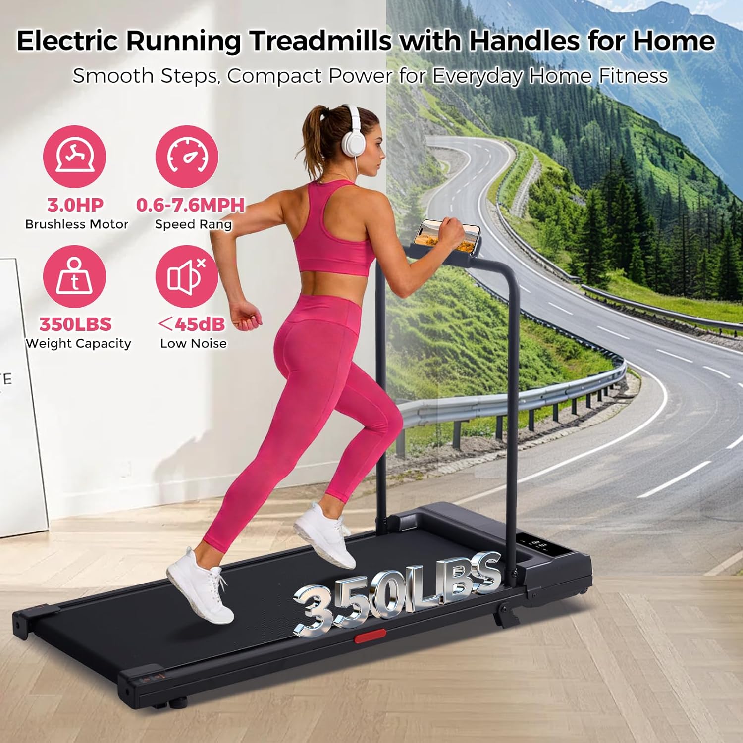 Ultimate Ears Portable Walking Pad Treadmills for Home Small, Electric Mini Walking Treadmill for Exercising, 3.0HP Compact Walking Pad Treadmill with Handle Bar, 0.6-7.6MPH, 350LB Capacity