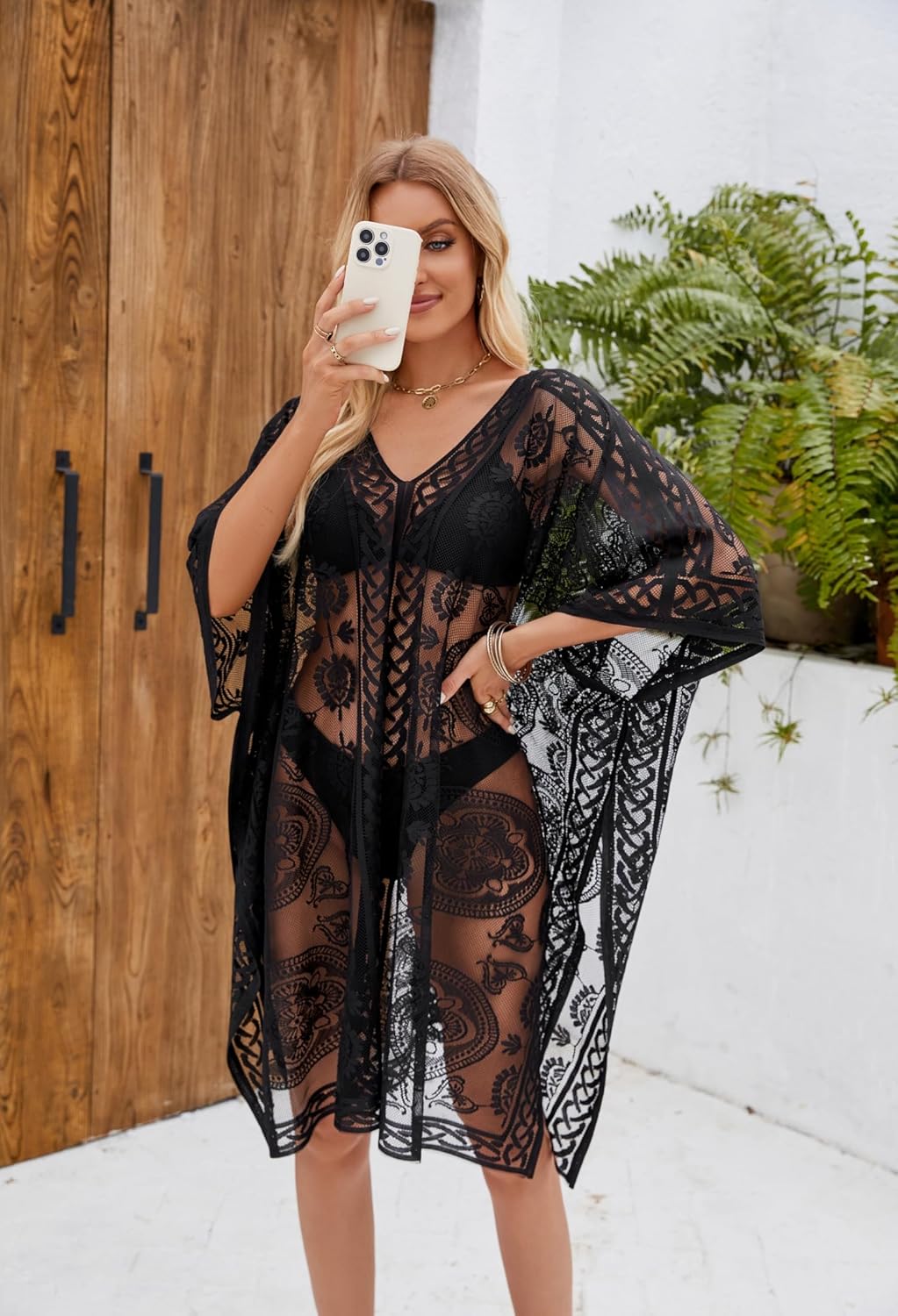 CharJenPro Sexy Elegant Lace Beach Cover Up for Women, Bathing Suit Cover Up, V-Neck Swimsuit Coverup for Poolside, Seaside and Party