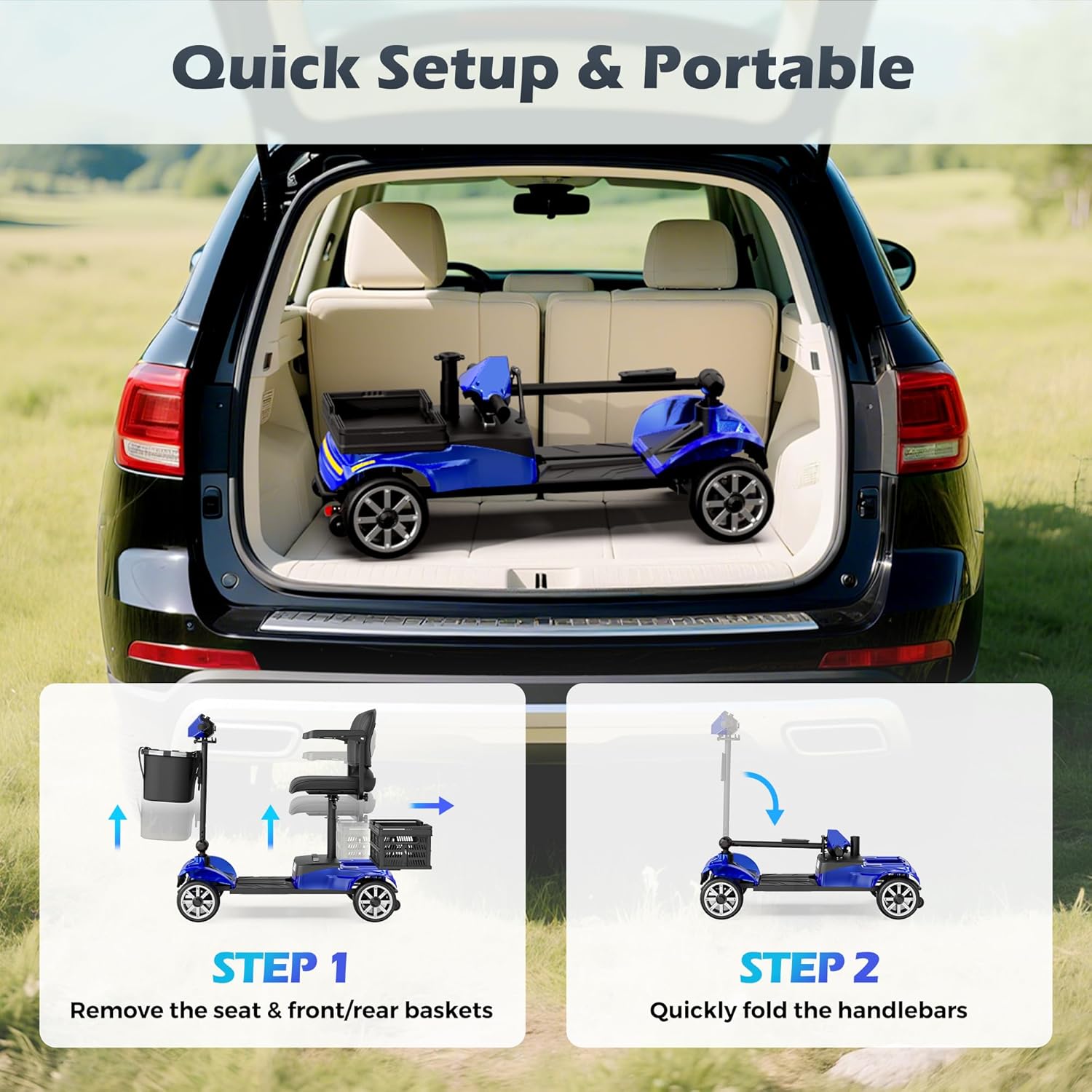 Foldable 4-Wheel Mobility Scooter for Adults – Portable Motorized Scooter with 330 lbs Capacity, Detachable Battery, Dual Baskets, Cup & Phone Holder, Blue