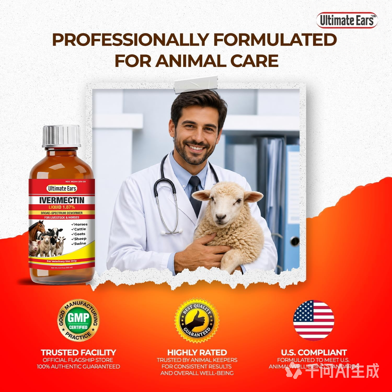 Ultimate Ears Dewormer for Horse, Dewormer for Goat and Cattle & More, Ivermectin Liquid for All Wormers, Tapeworms, Roundworms & Hookworms