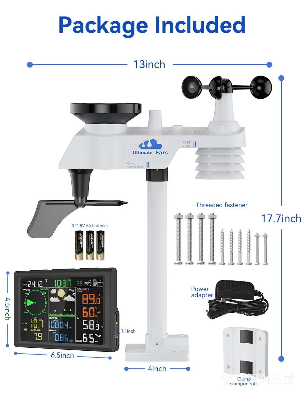 Ultimate Ears Wireless Weather Station with Outdoor Wireless Sensor,Radio Controlled Clock,Rain Gauge,Wind Speed/Direction,Moon Phase, Barometer,Temperature/Humidity,Weather Forecast (NO WiFi)