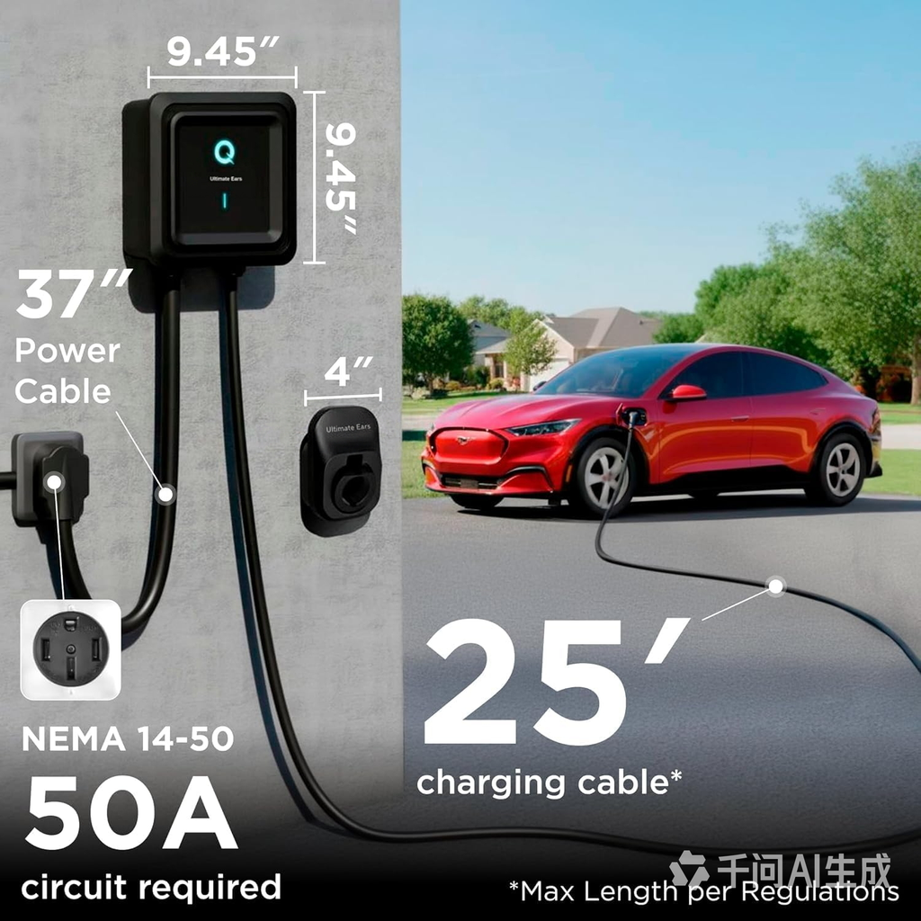 Ultimate Ears Level 2 EV Charger, 40 Amp 240V, J1772 for Non-Tesla EVs, 25ft Cable, WiFi (2.4GHz) Smart App, Weatherproof Indoor/Outdoor (IP66, NEMA 4), UL & ETL Certified, NEMA 14-50 Plug-in, 9.6kW