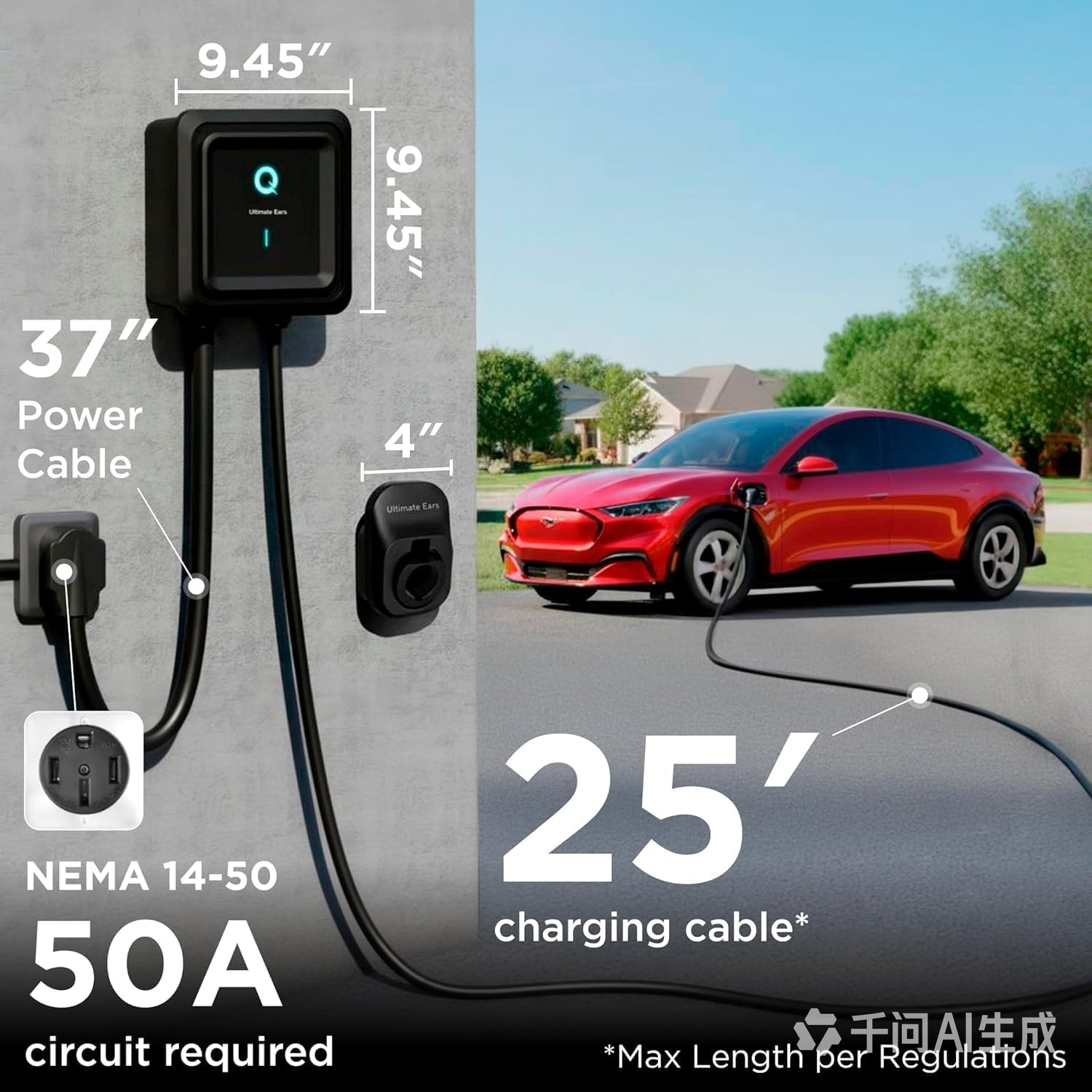Ultimate Ears Level 2 EV Charger, 40 Amp 240V, J1772 for Non-Tesla EVs, 25ft Cable, WiFi (2.4GHz) Smart App, Weatherproof Indoor/Outdoor (IP66, NEMA 4), UL & ETL Certified, NEMA 14-50 Plug-in, 9.6kW