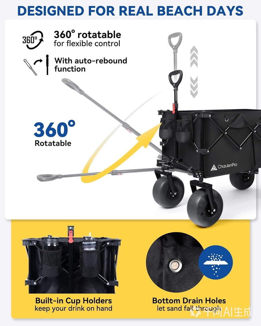 CharJenPro Beach Wagon with Balloon Wheels, 9" PU Tires Collapsible Wagon, 440lbs Heavy Duty Beach Cart with Big Wheels for Sand, Large Capacity Utility Wagons Carts Visit the CharJenPro Store
