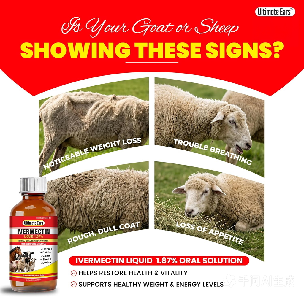 Ultimate Ears Dewormer for Horse, Dewormer for Goat and Cattle & More, Ivermectin Liquid for All Wormers, Tapeworms, Roundworms & Hookworms