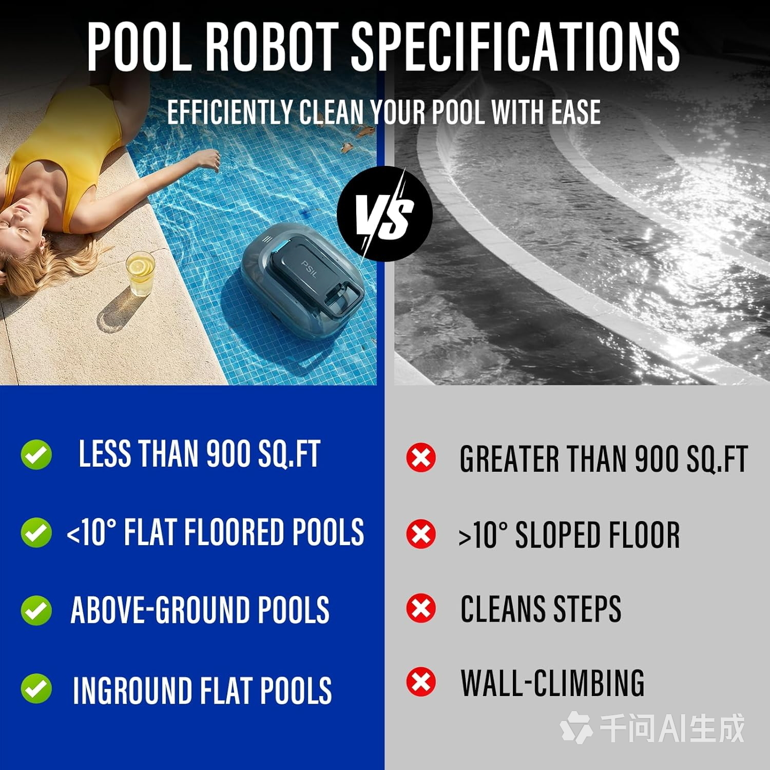 Cordless Robotic Pool Cleaner with Dual high-Efficiency Motors Delivers Strong Suction, Smart Self-Parking,Smart LED Indicator,Pool Vacuum for Above-Ground Flat Pool up to 900 Sq.ft(Gray)