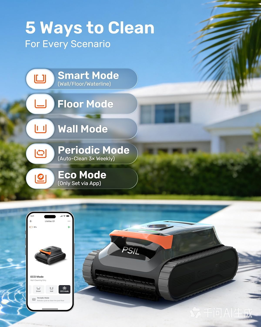 LiteVac G1 Pool Vacuum for Inground & Above Ground Pools, Up to 200 Mins, Floor/Wall/Waterline/Shallow Area Cleaning with Smart Navigation, 15.2 lbs Lightweight, Double Filtration, Orange