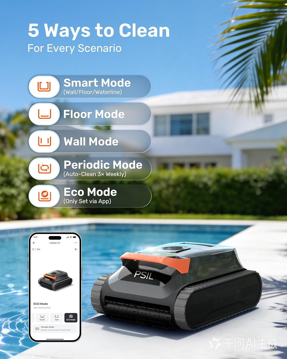 LiteVac G1 Pool Vacuum for Inground & Above Ground Pools, Up to 200 Mins, Floor/Wall/Waterline/Shallow Area Cleaning with Smart Navigation, 15.2 lbs Lightweight, Double Filtration, Orange