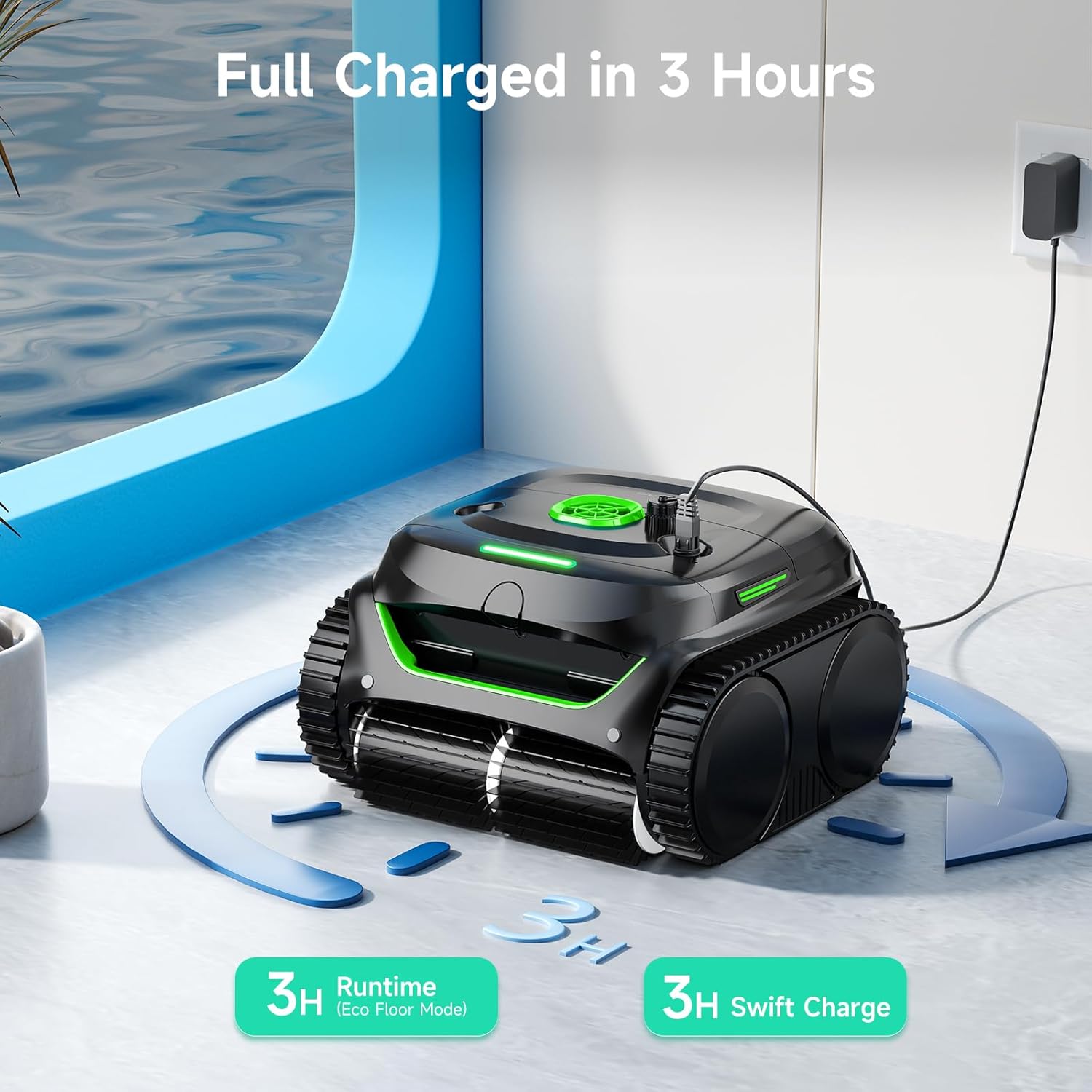 PSIL C2 Cordless Robotic Pool Cleaner, Dual Filtration, Wall Climbing &Waterline Cleaning, App Scheduling, Smart Navigation, Pool Vacuum for Inground Pools (Fluorescent Green & Black)